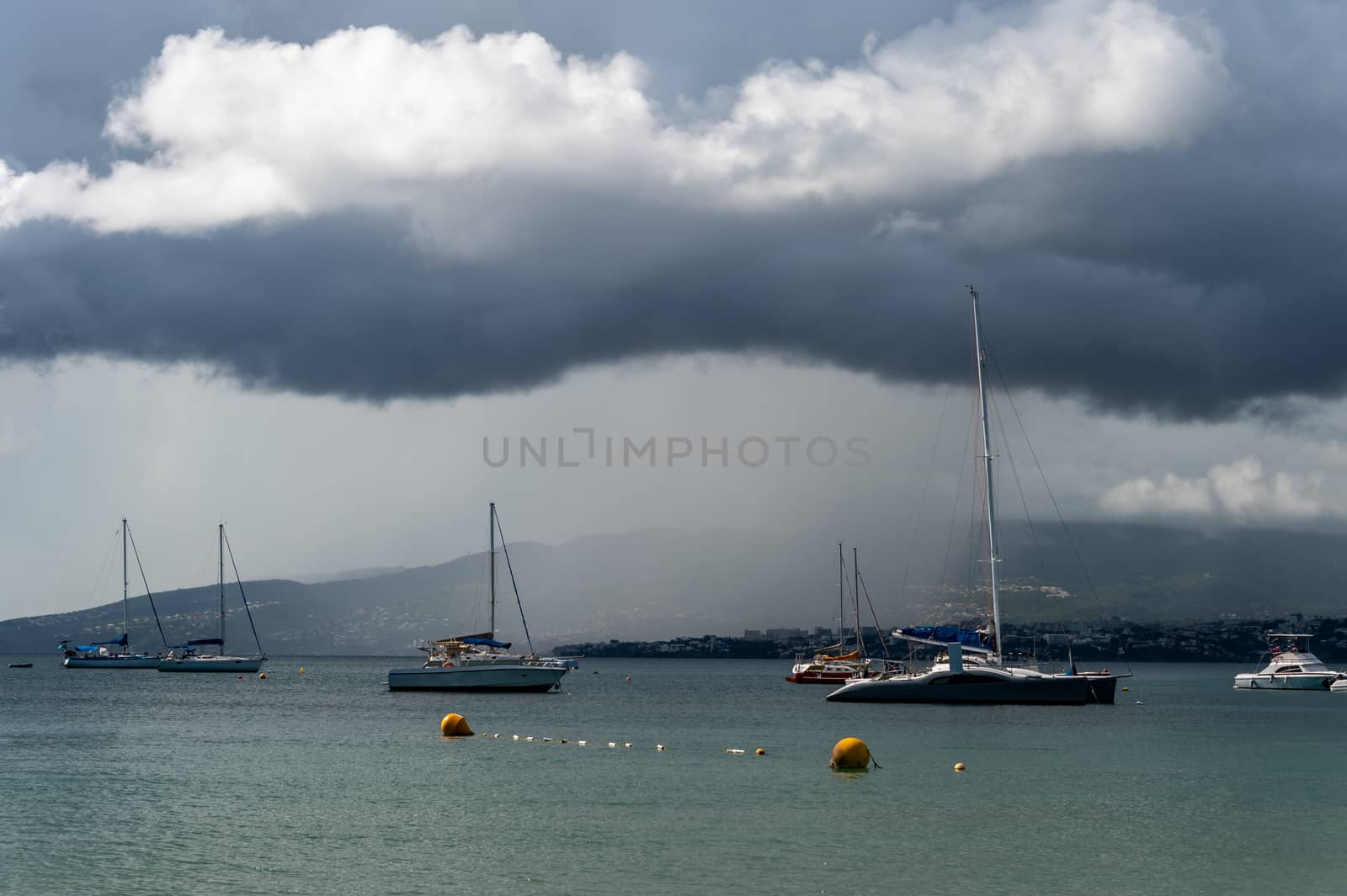 Heavy rain over Fort-De-France and Montagne Pellee Volcano in Martinique, France (2019)