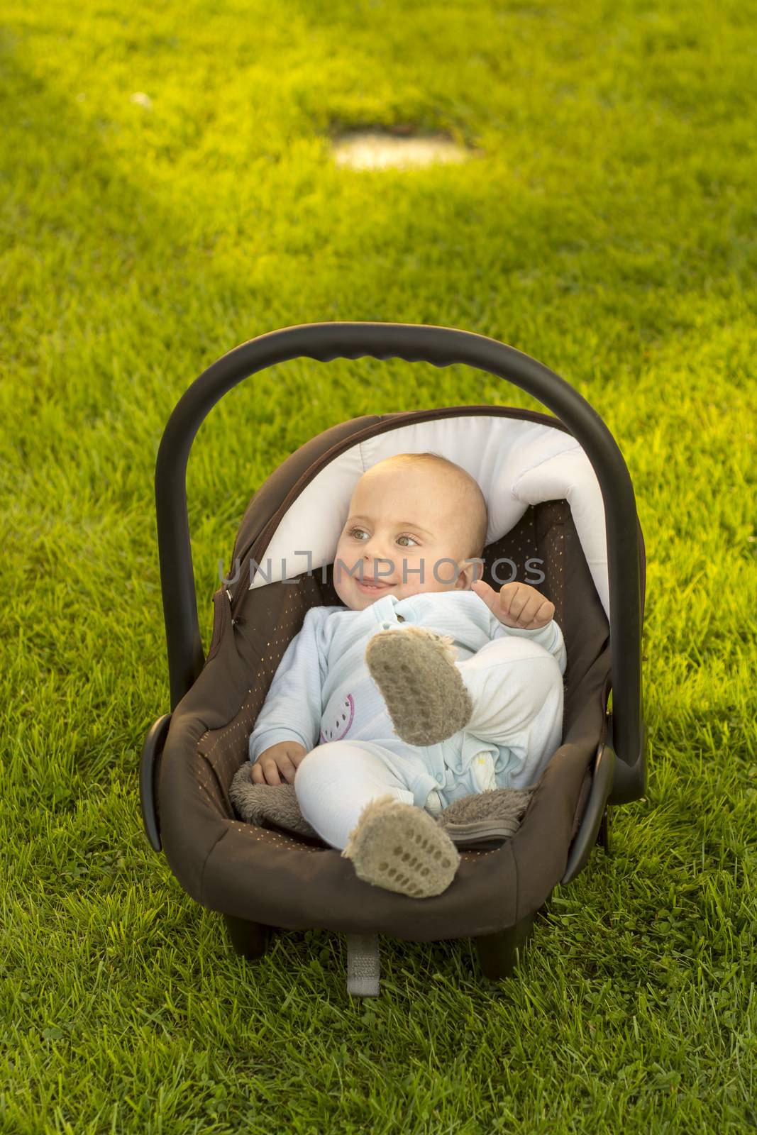 Safe baby in car seat on grass, nature