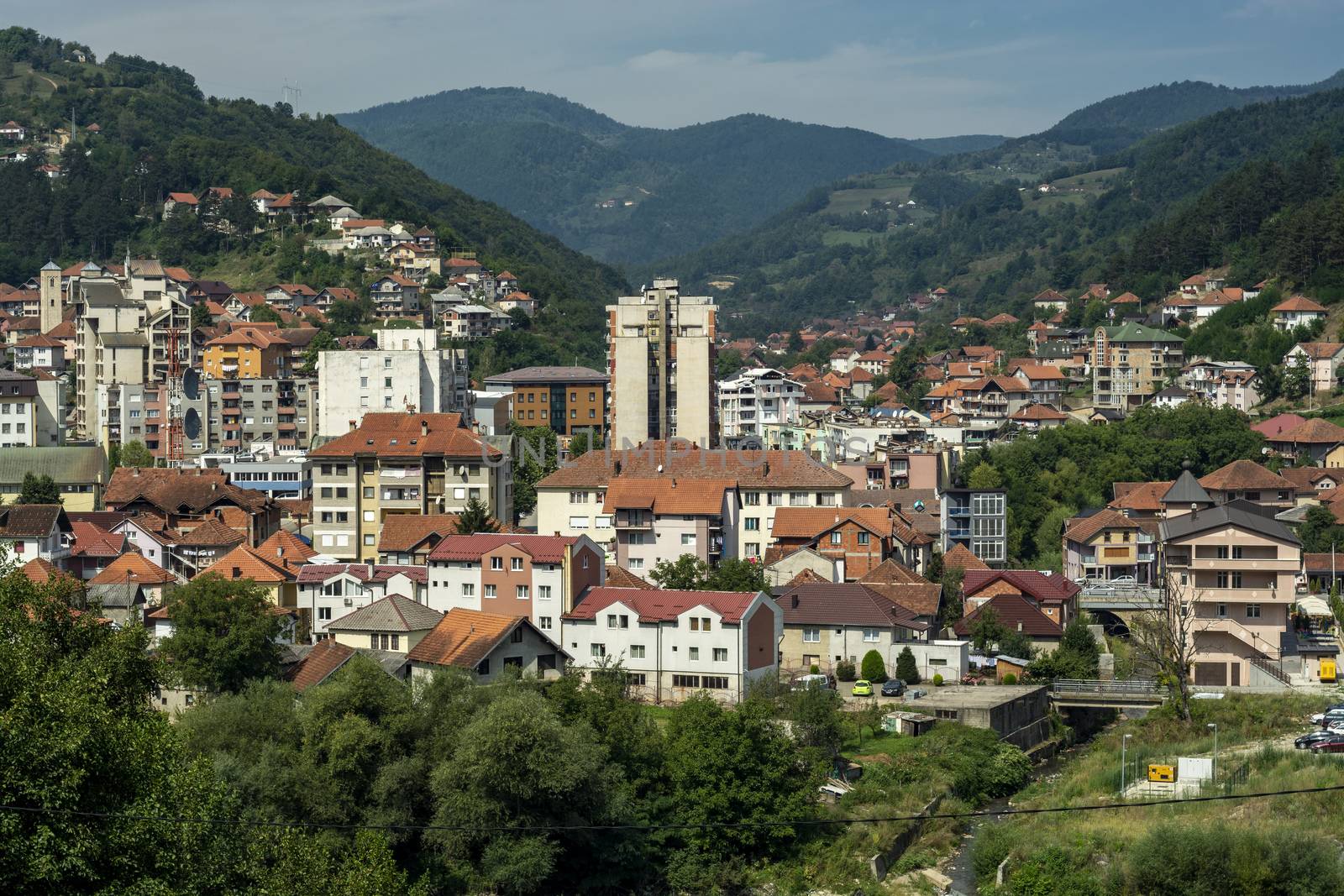 Panorama of Bijelo Polje on river Lim, towm citi municipality in Northern Montenegro (Бијело Поље)