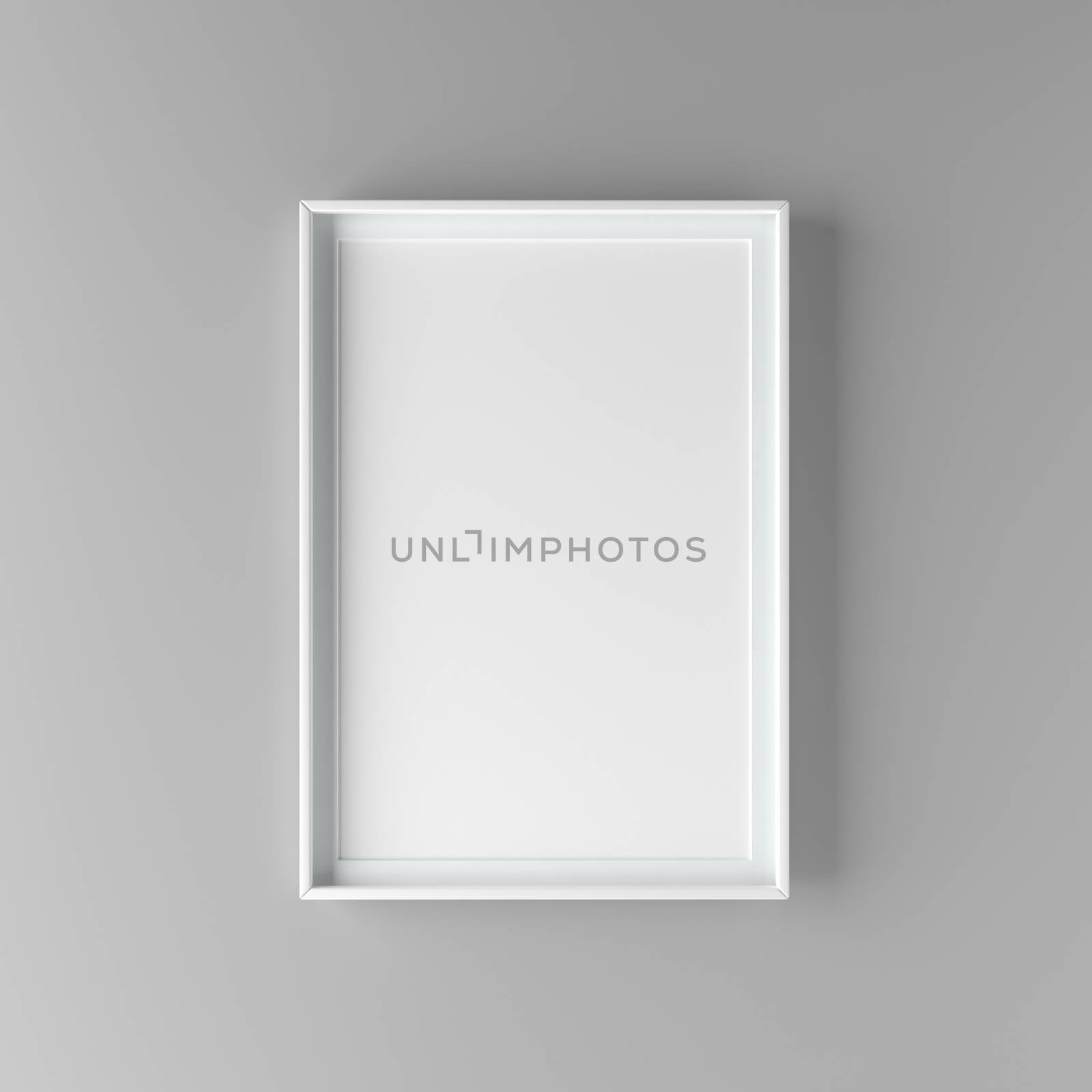 Elegant and minimalistic picture frame standing on gray wall. Design element. 3D render