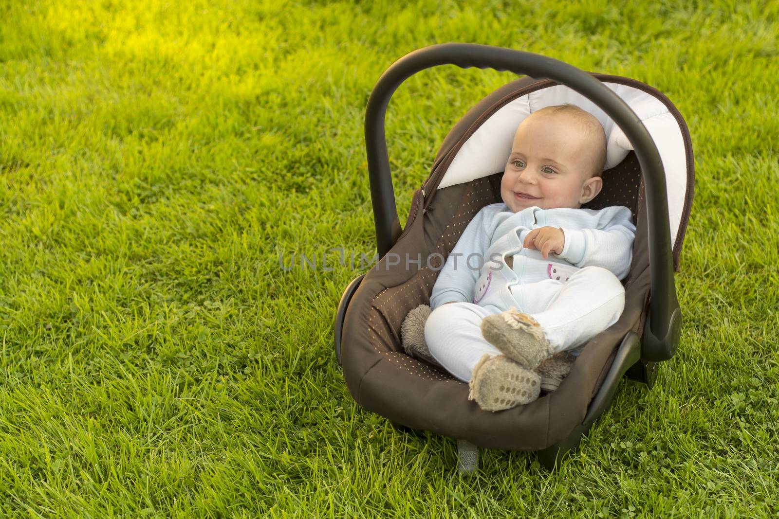 Baby in car seat on grass by adamr