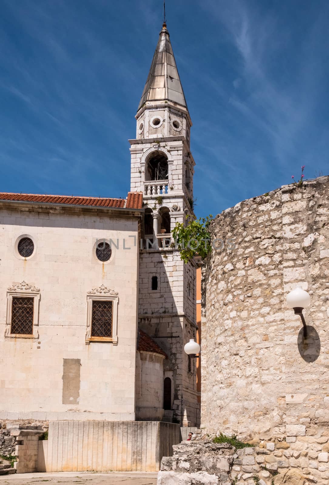 Belltower of St Elias's church in the ancient old town of Zadar in Croatia