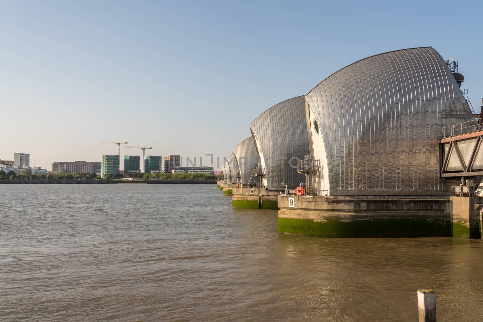 Detail of the Thames Barrier in docklands of London near Greenwich