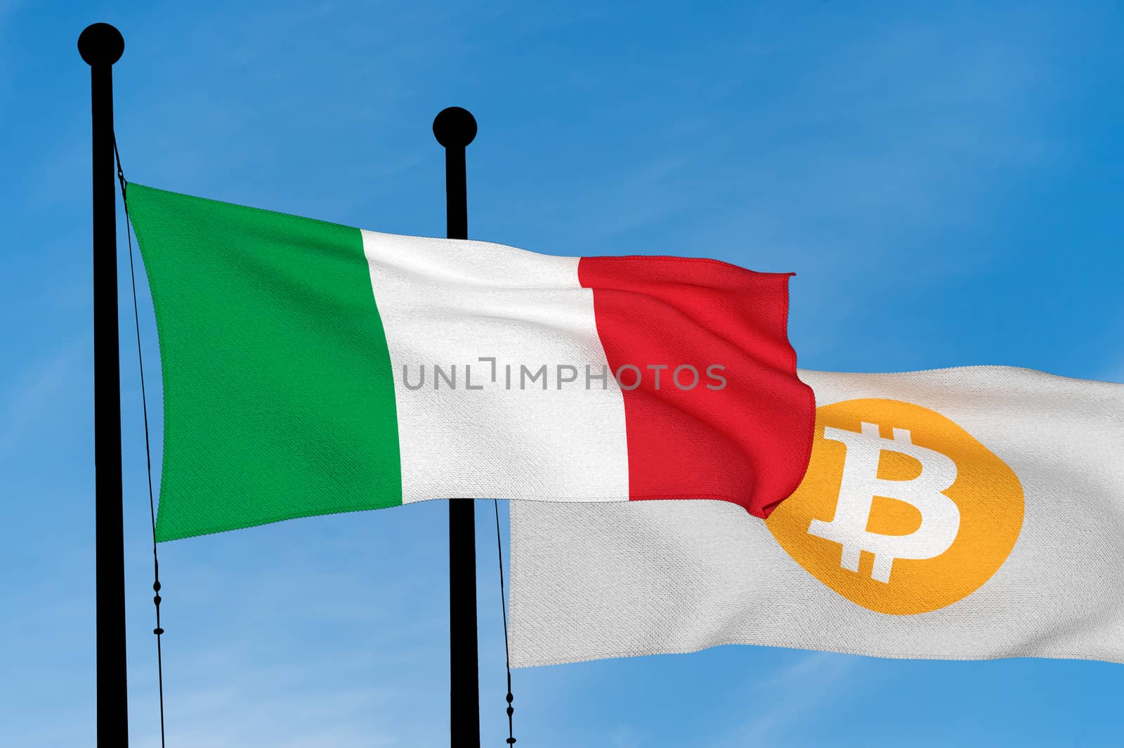 Italian flag and Bitcoin Flag waving over blue sky (3D rendering)