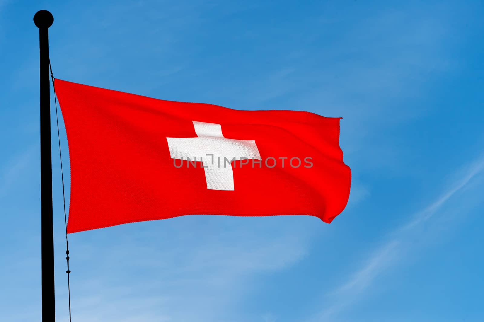 Swiss Flag waving over blue sky (3D rendering)