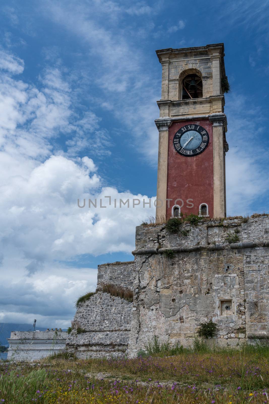 Clock tower inside Old Fortress in the town of Corfu