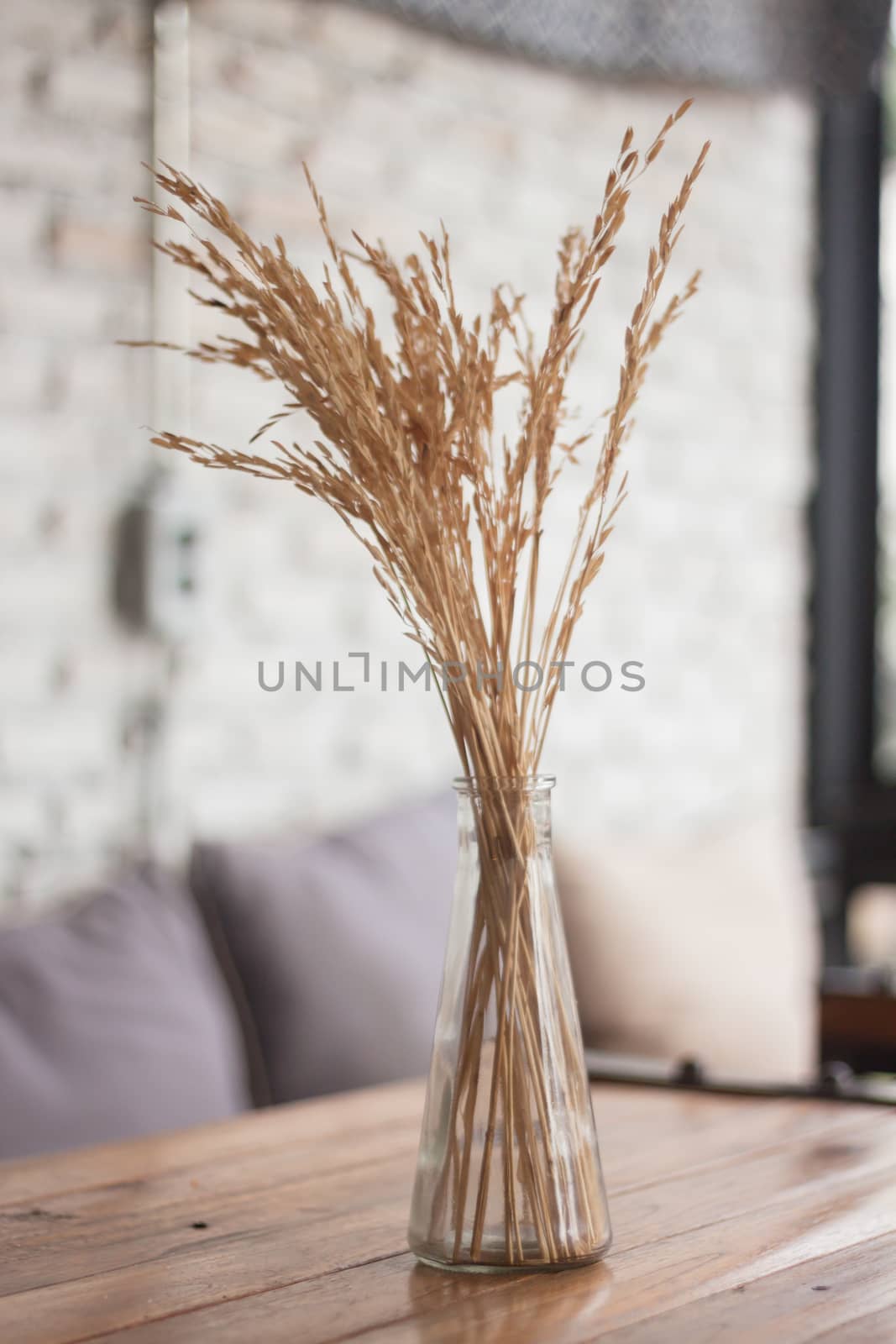 Bouquet of dried flowers in vase on table, stock photo