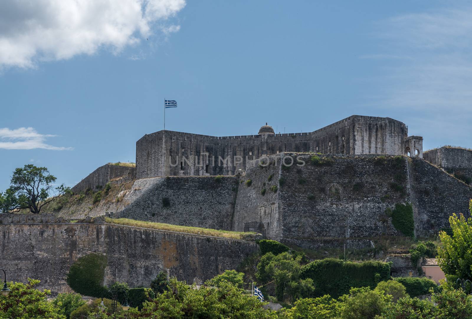 Solid walls of New Fortress of Corfu on hill of Saint Mark