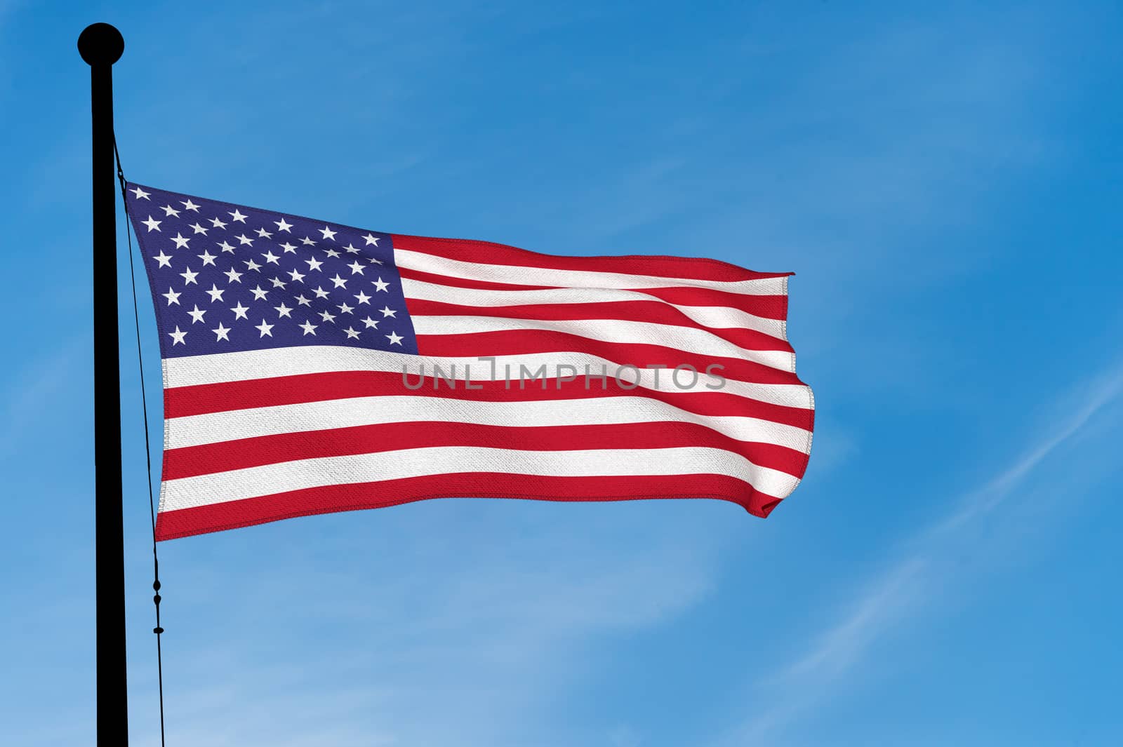 US Flag waving over blue sky (3D rendering)