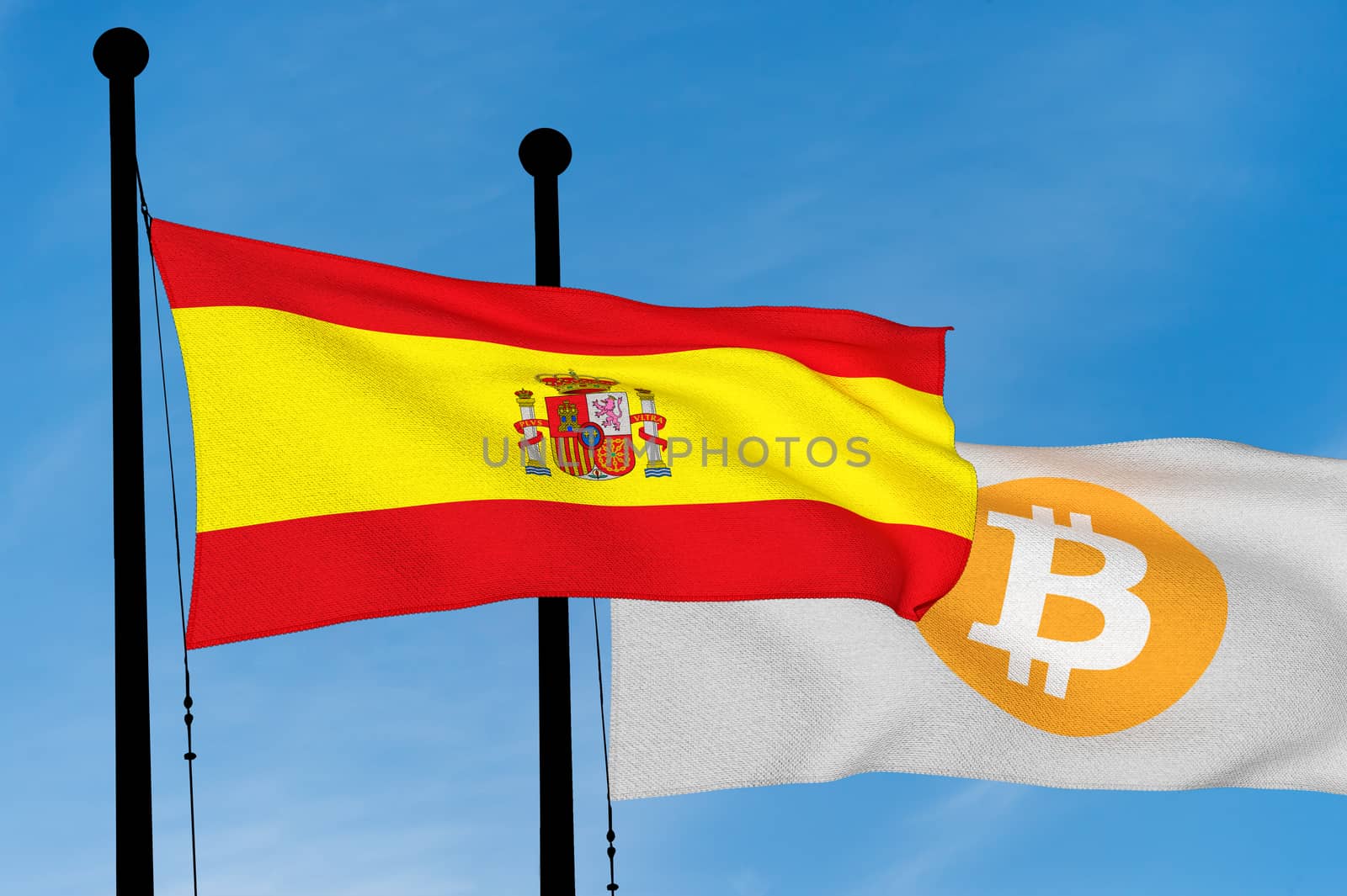 Spanish flag and Bitcoin Flag waving over blue sky (3D rendering)