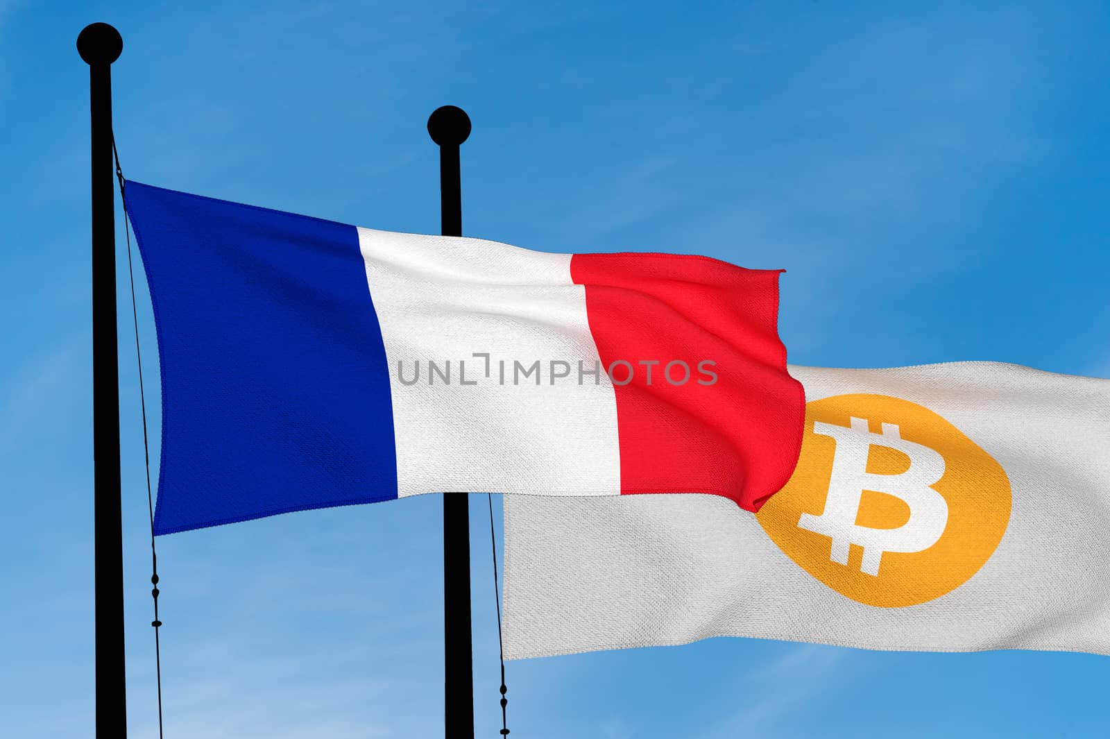 French flag and Bitcoin Flag waving over blue sky (3D rendering)