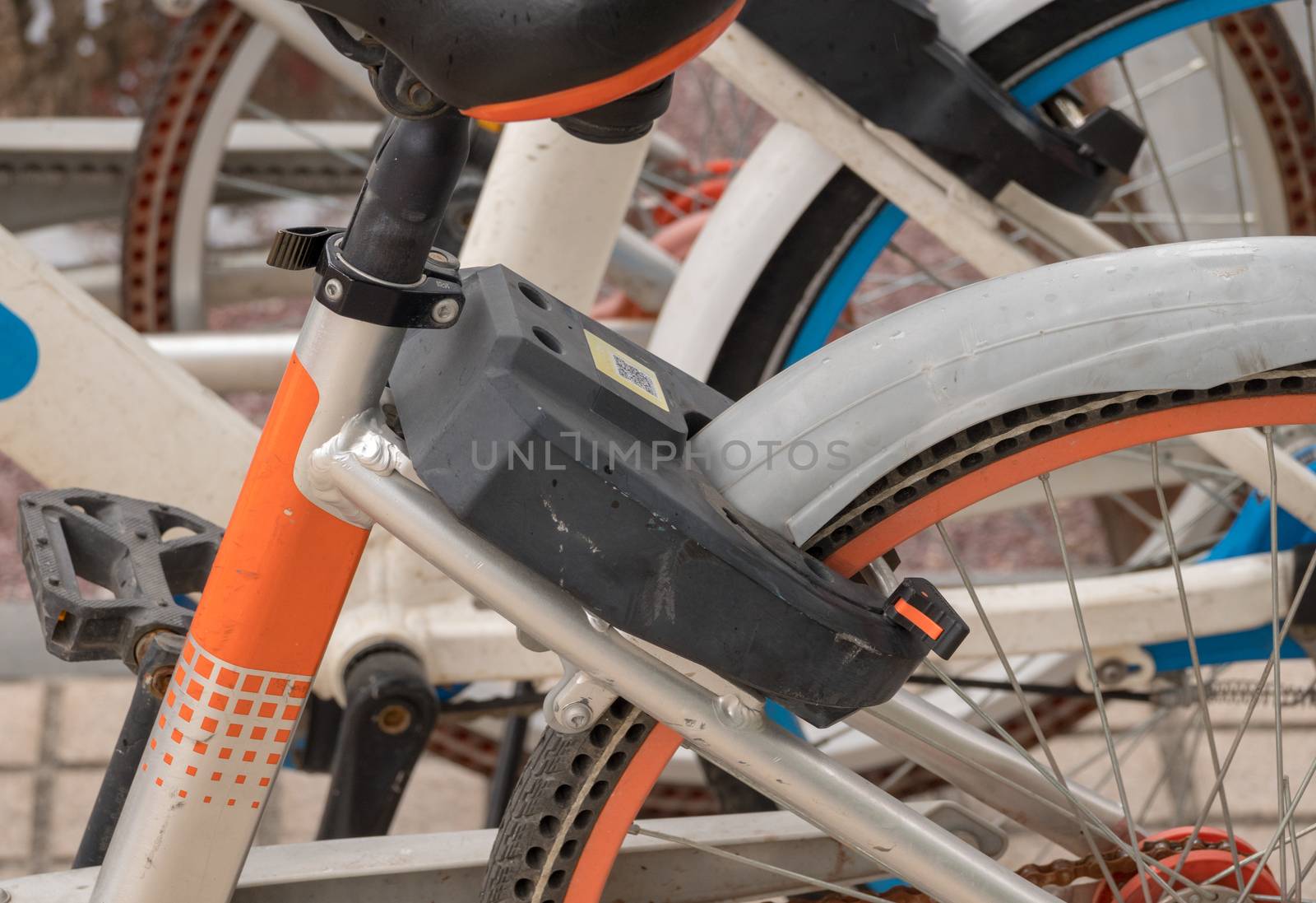 Rental bikes waiting for customers and locked in Xiamen