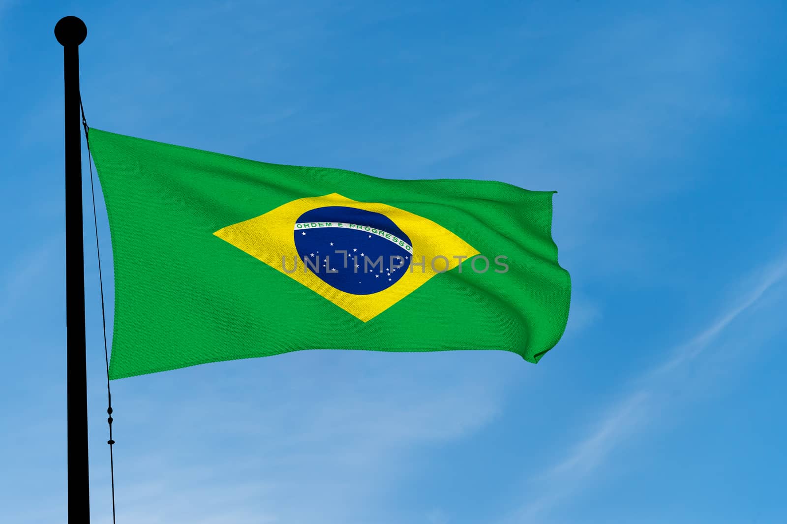 Brazil Flag waving over blue sky (3D rendering) by mbruxelle