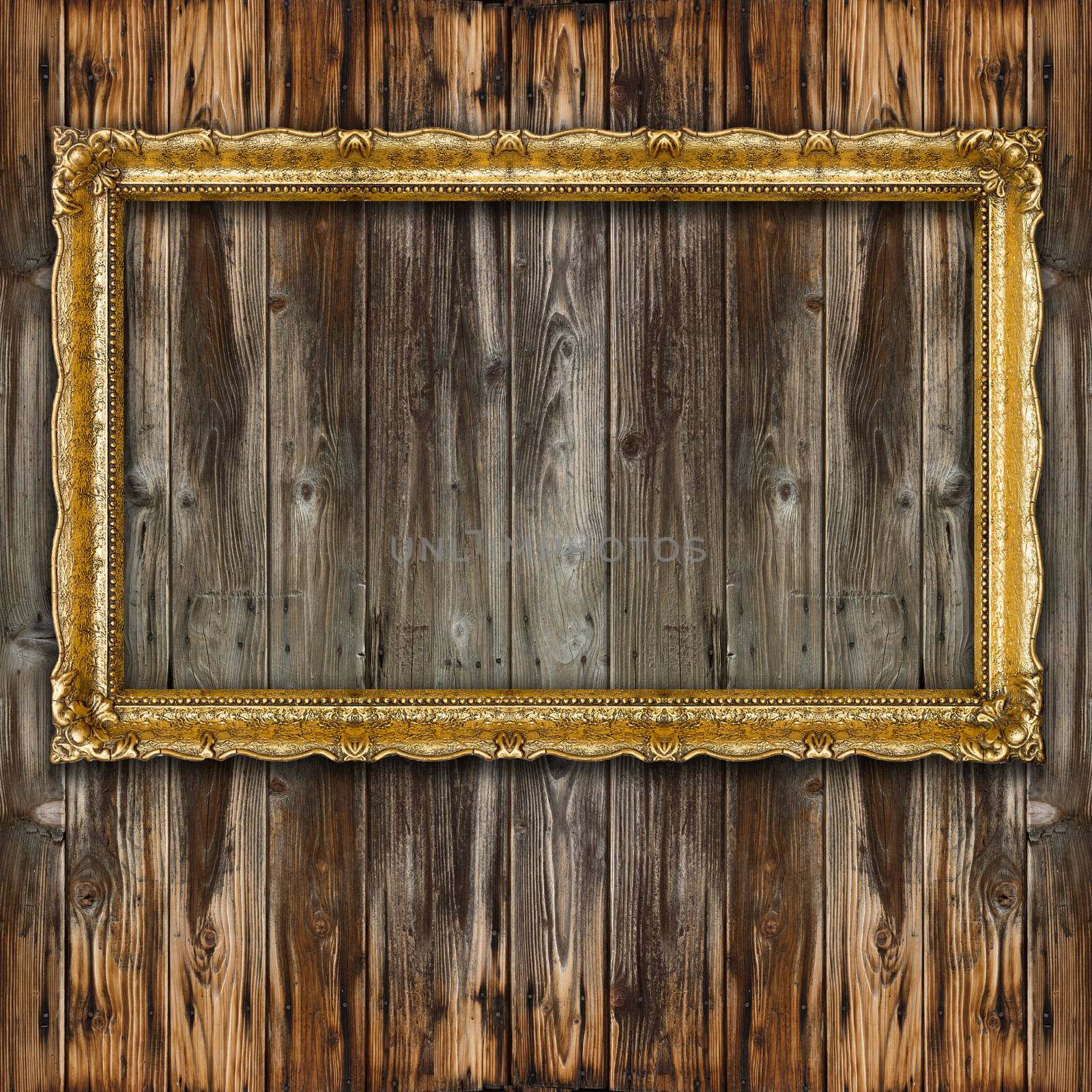 Retro Big Old Gold Picture Frame on wood wall by adamr