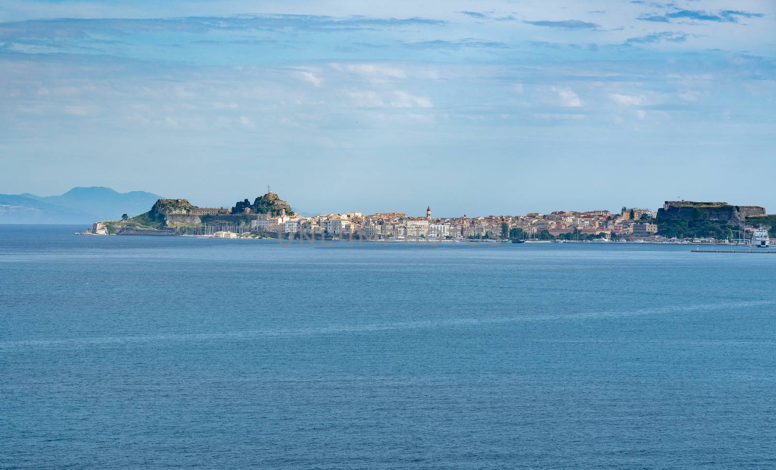 Panorama of port and old town of Kerkyra from sea