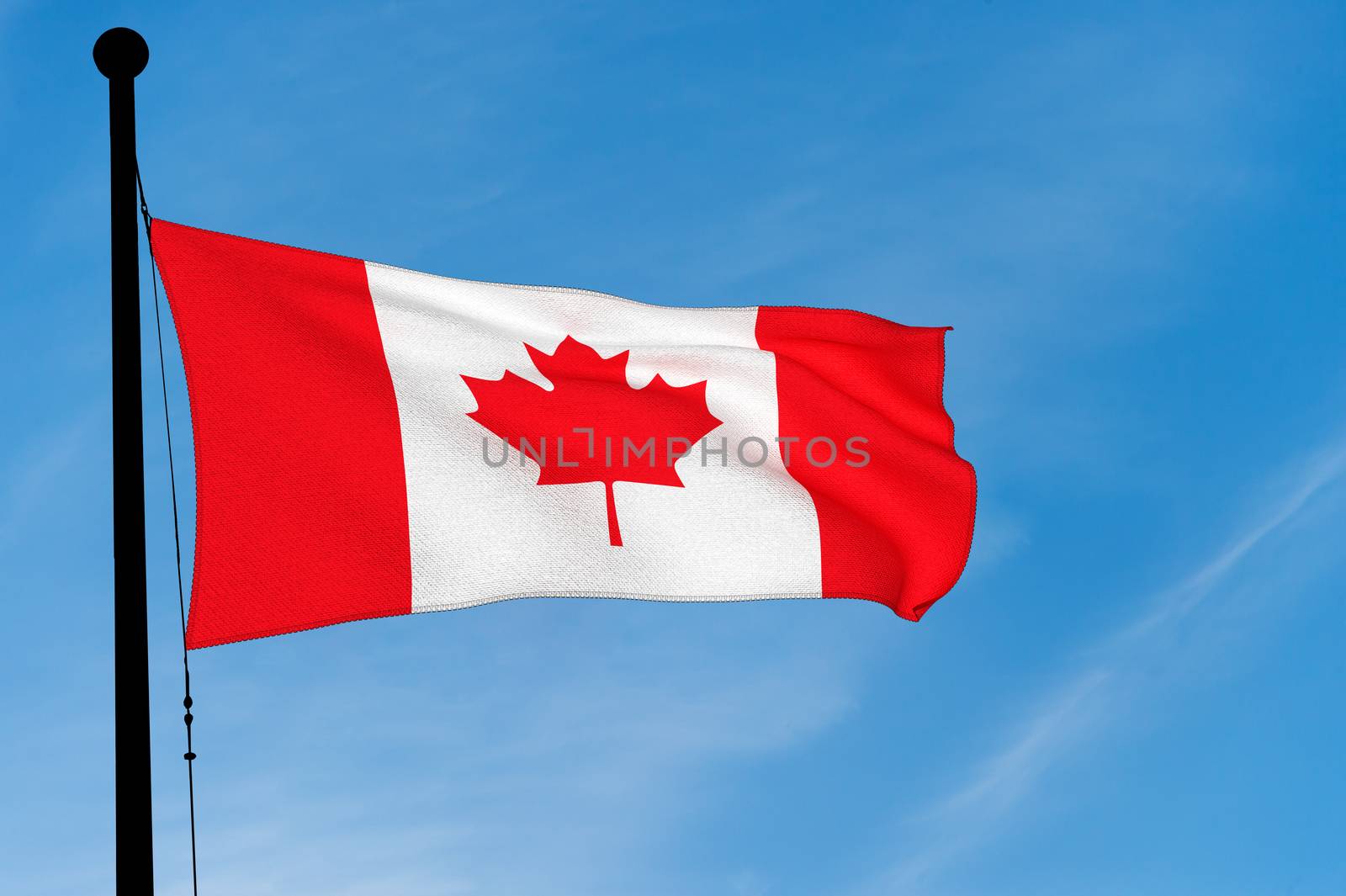 Canadian Flag waving over blue sky (3D rendering)