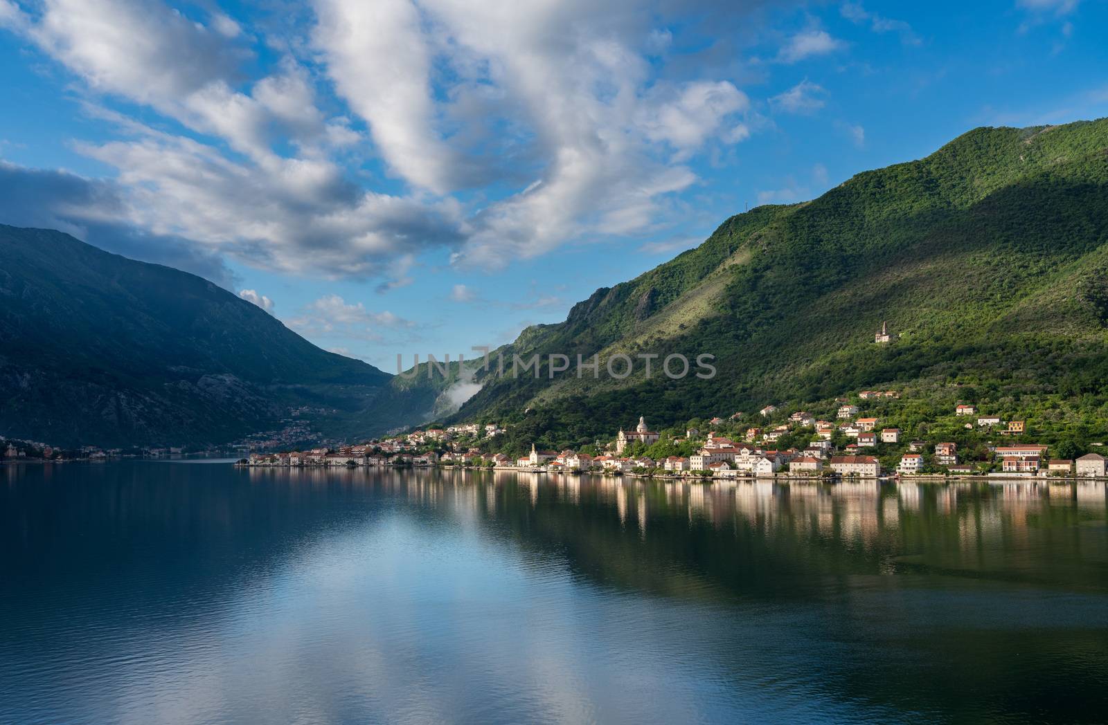 Small village of Prcanj on coastline of Gulf of Kotor in Montenegro