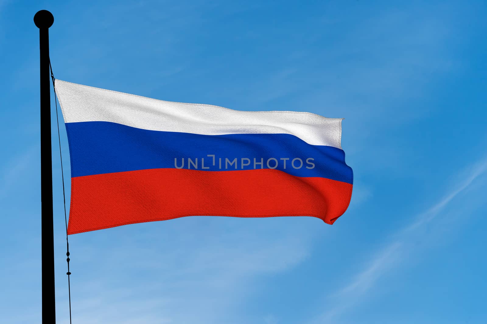 Russia Flag waving over blue sky (3D rendering) by mbruxelle