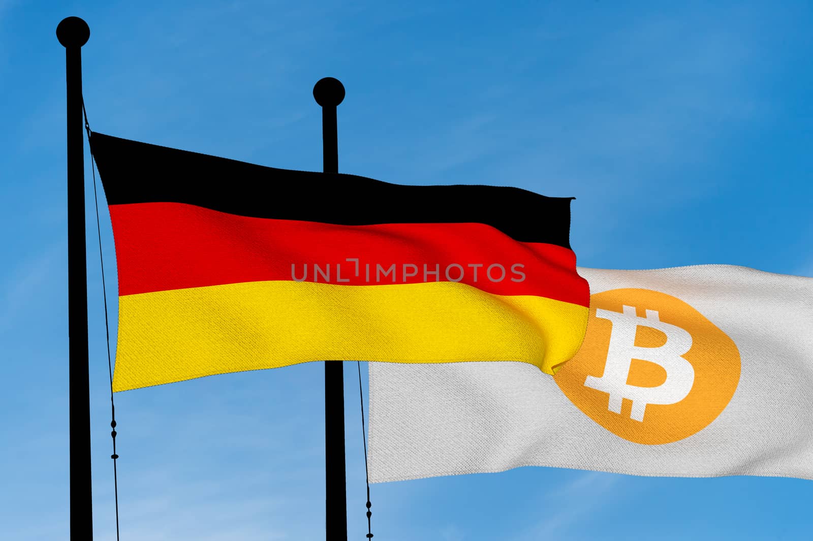 German flag and Bitcoin Flag waving over blue sky (3D rendering) by mbruxelle