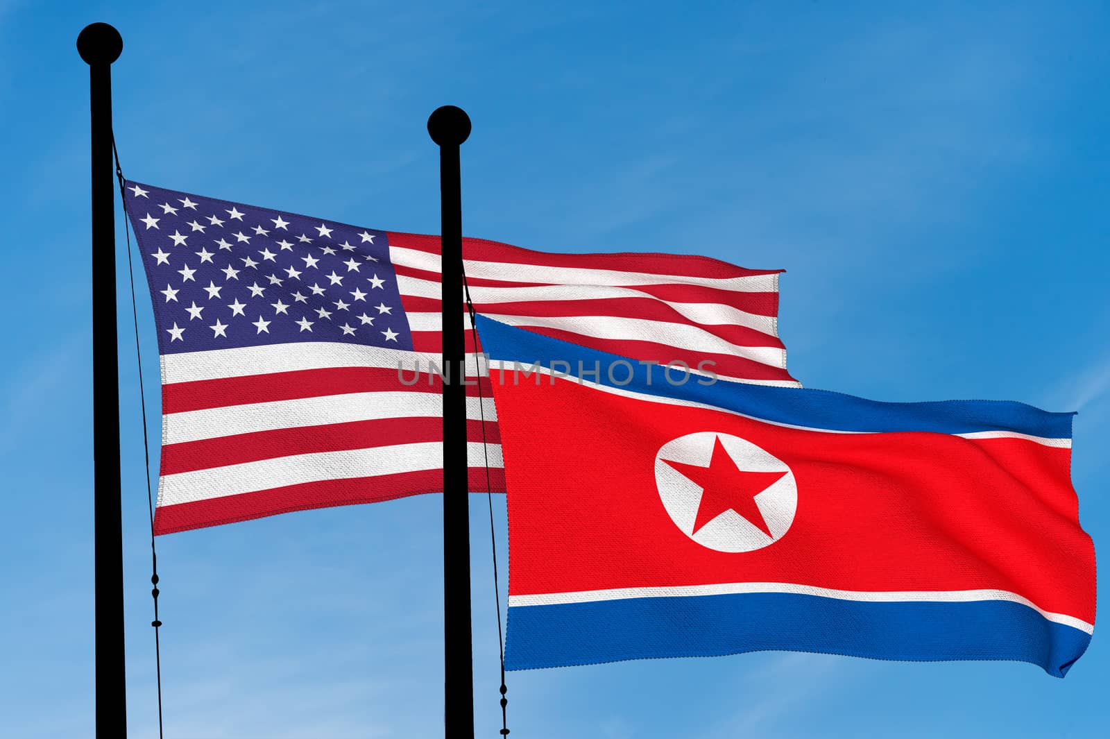 US and North Korean Flags over blue sky (3D Rendering) by mbruxelle