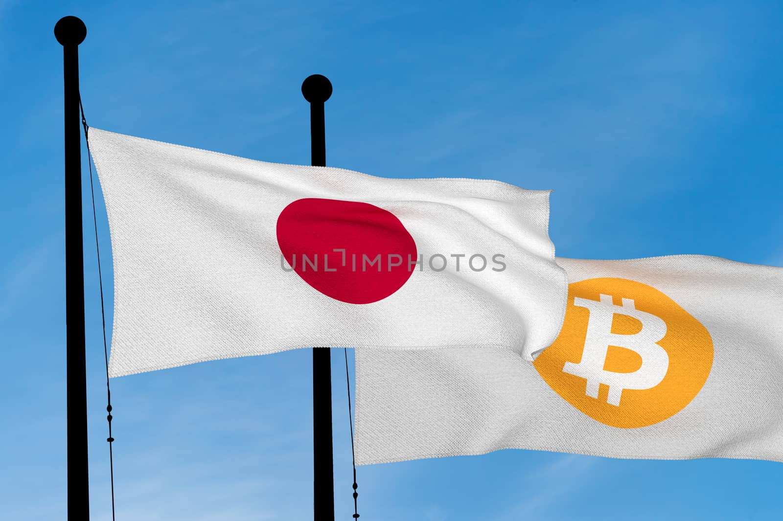 Japan flag and Bitcoin Flag waving over blue sky (3D rendering)