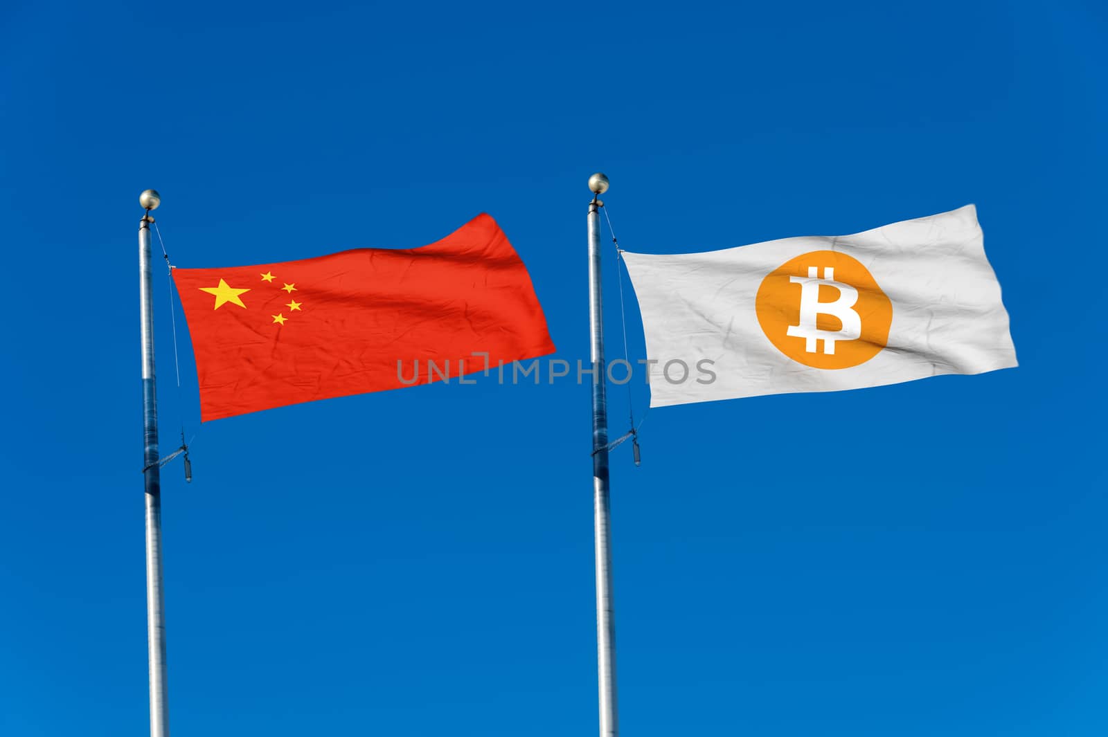 China flag and Bitcoin Flag waving over blue sky (digitally generated image)