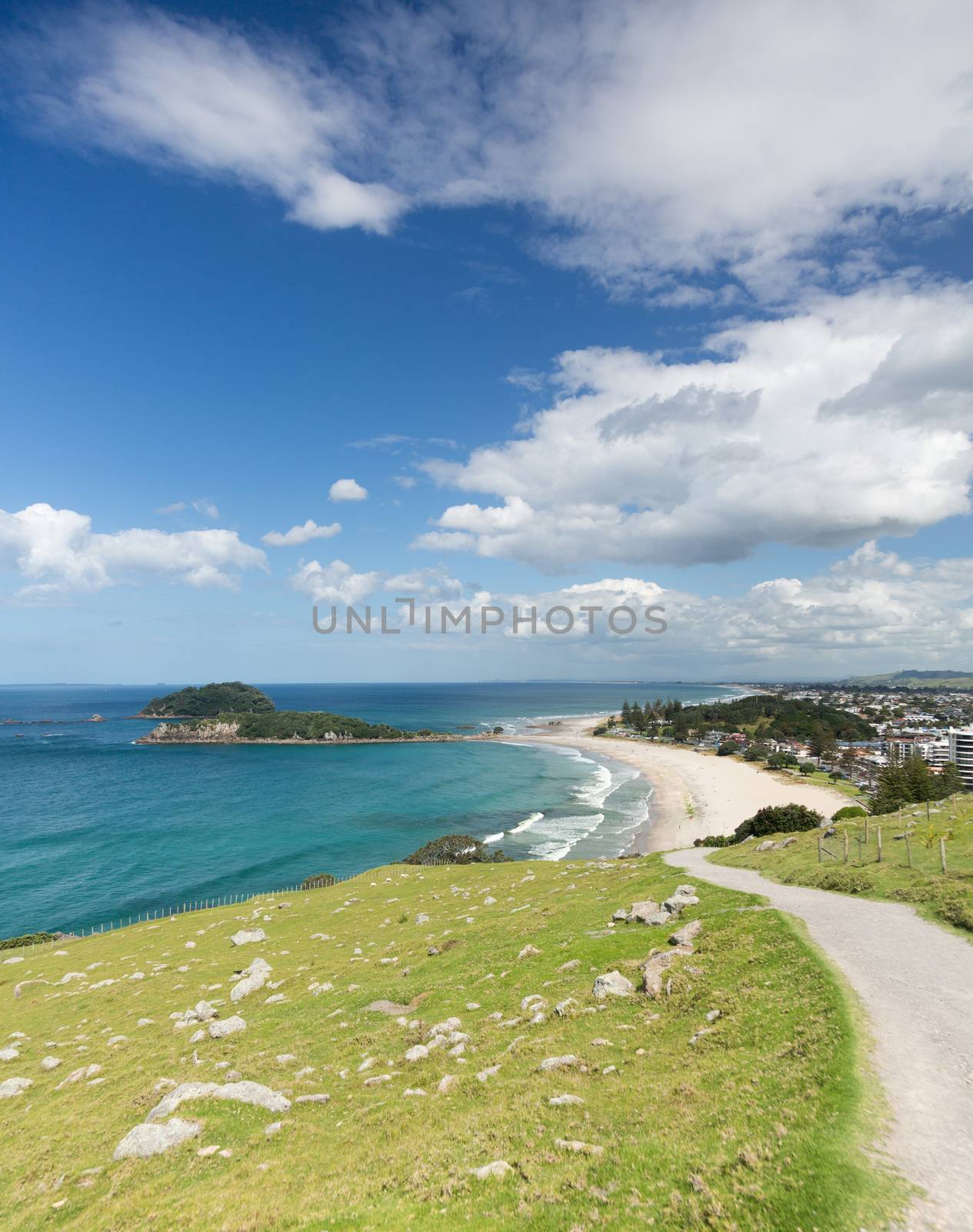 View of the coastline and town of Tauranga from the Mount in New Zealand