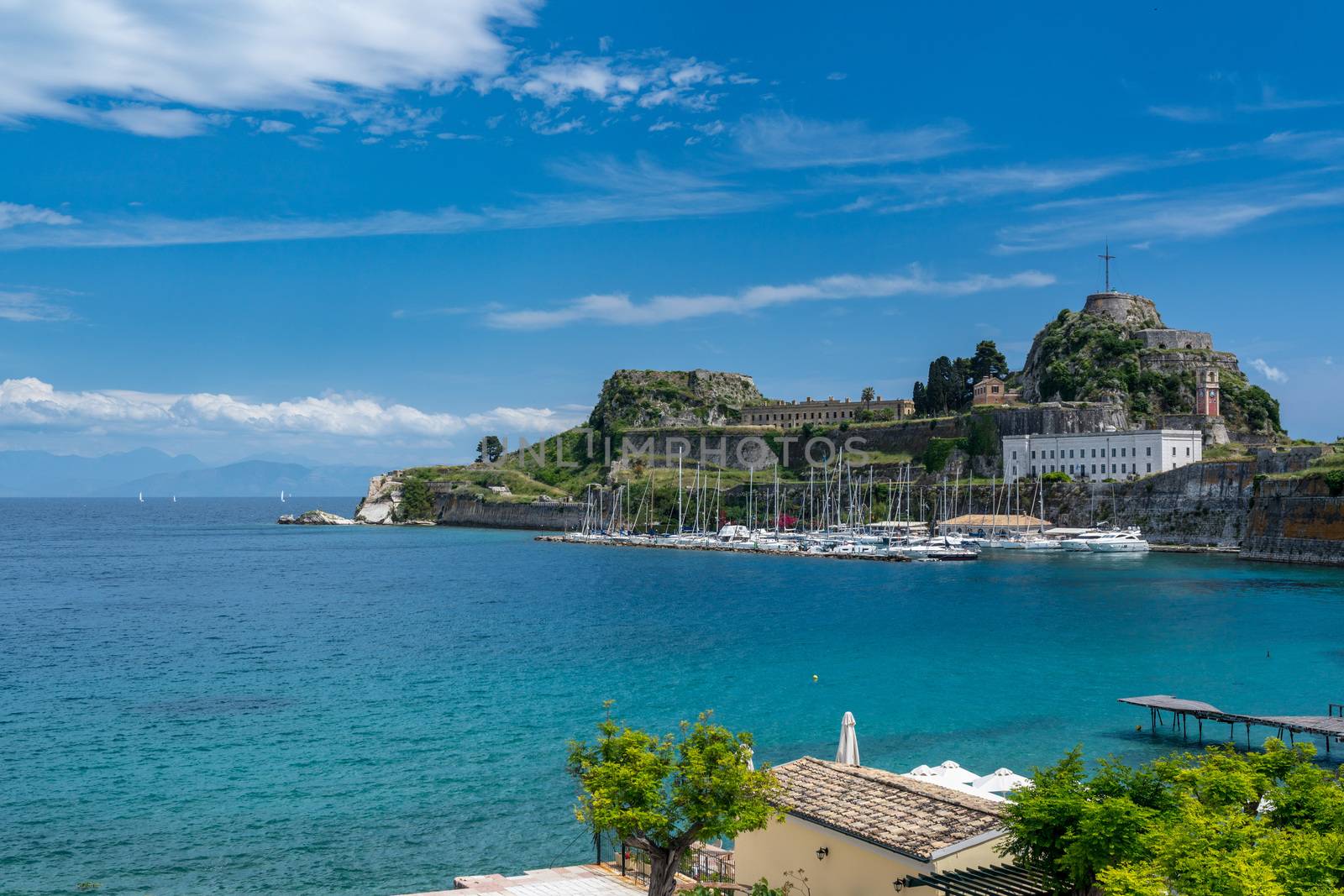 Harbor and yachts by Old Fortress in the town of Corfu