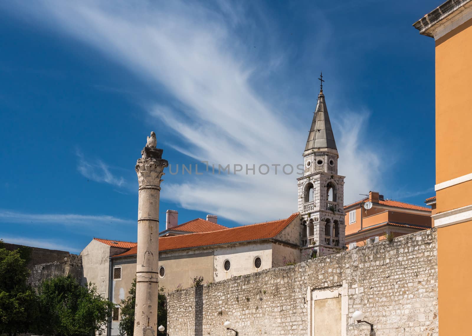 Belltower and Pillar of Shame in the ancient old town of Zadar in Croatia