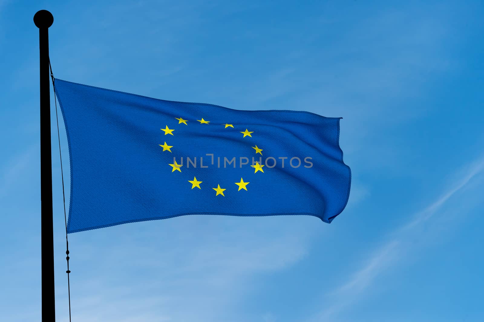 Europe Flag waving over blue sky (3D rendering)