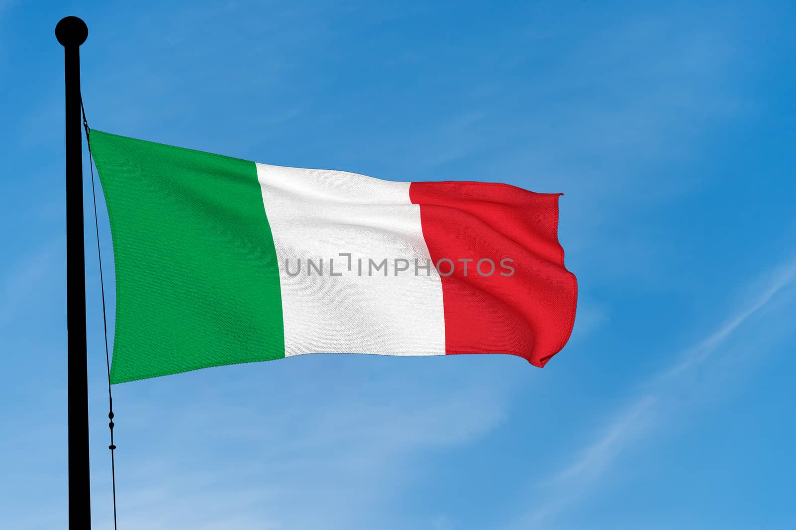 Italian Flag waving over blue sky (3D rendering)