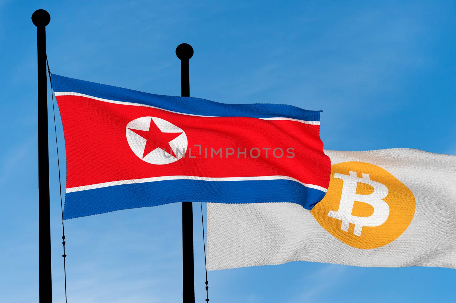 North Korean flag and Bitcoin Flag waving over blue sky (3D rendering)