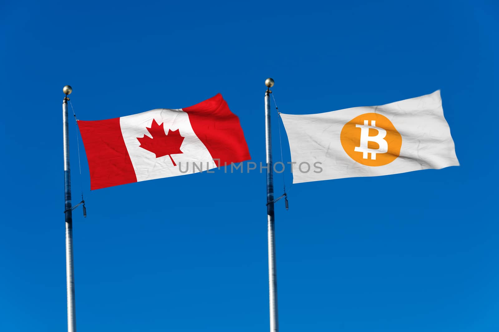 Canada flag and Bitcoin Flag waving over blue sky (digitally gen by mbruxelle