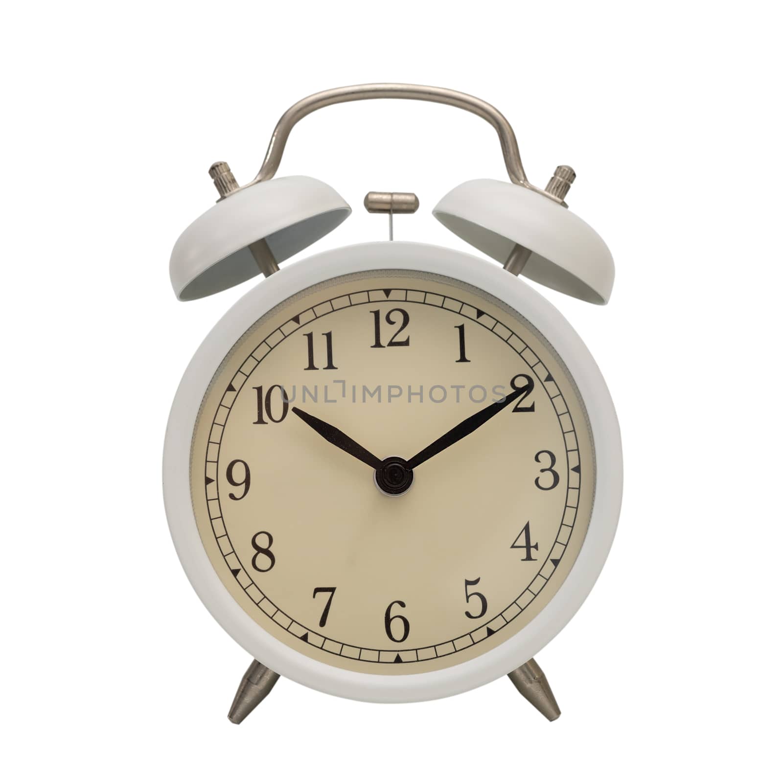 White Alarm clock isolated on white background with clipping path.