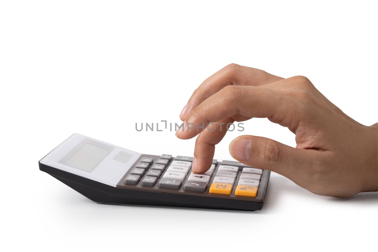 Hand is pressing the calculator, concept for Saving money, growing business and wealthy.