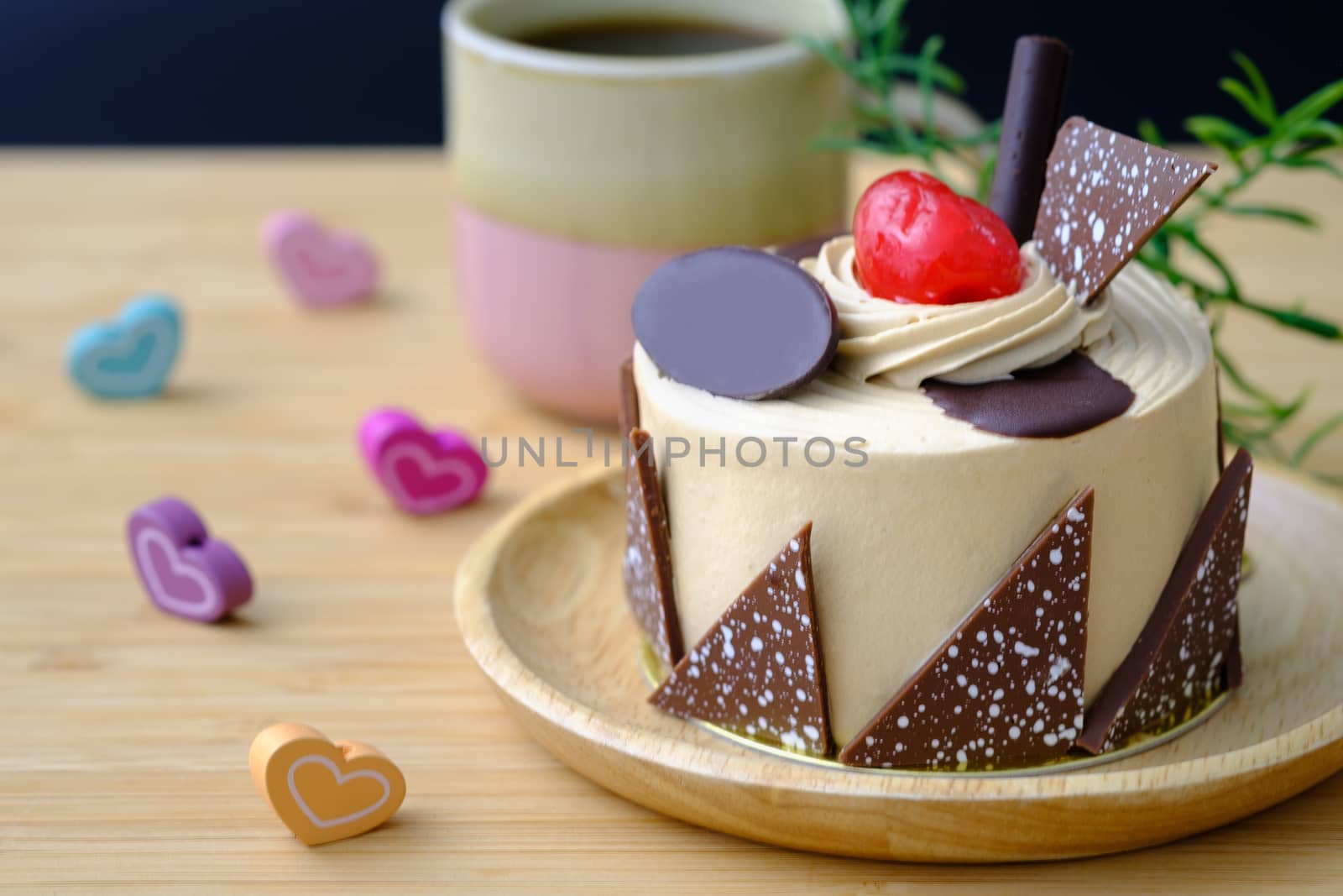 Vanilla cake with cherries on wooden background, AF point selection, copy space for write.