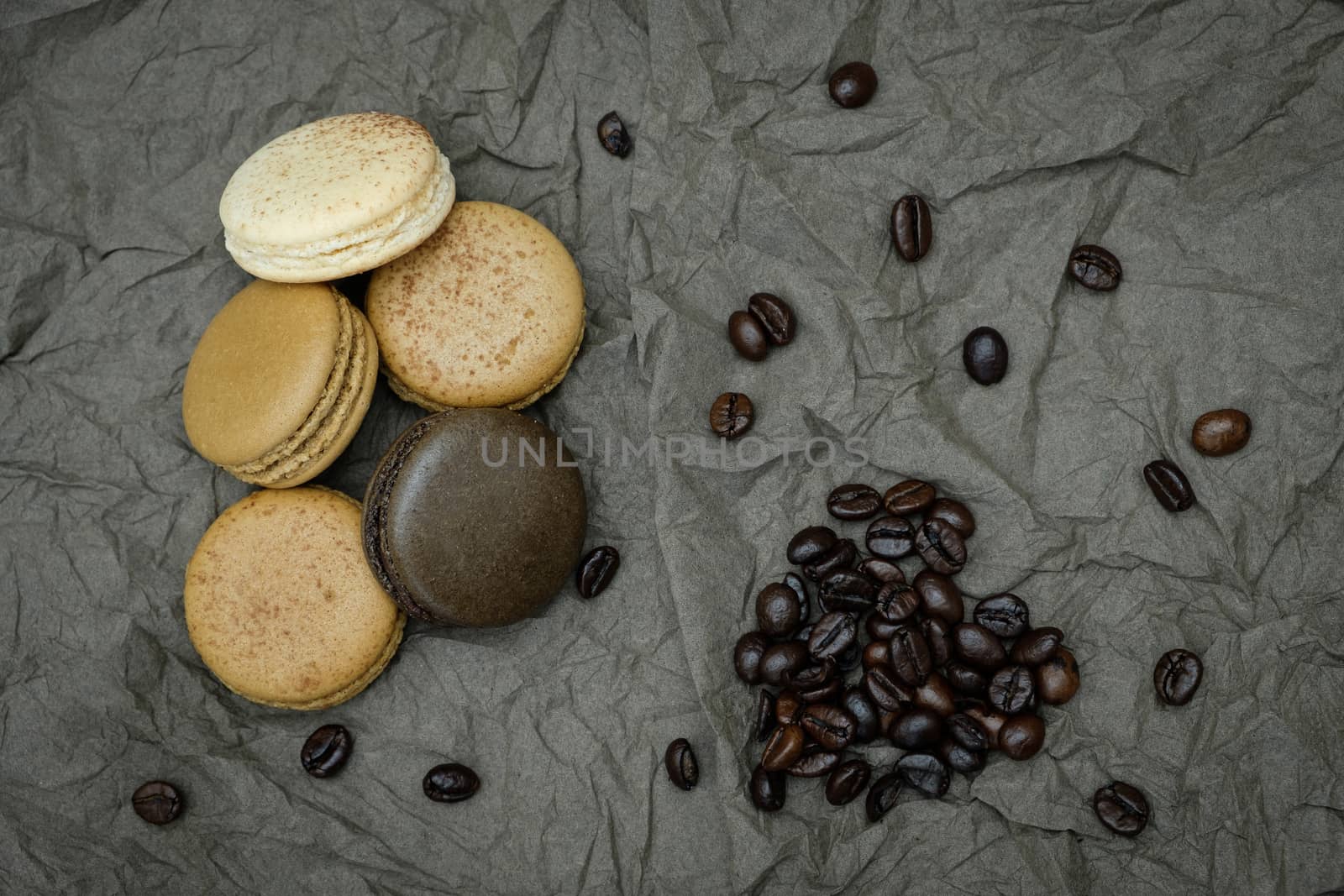 Macaroons on  table, Top view with copy space for your text, In low light.