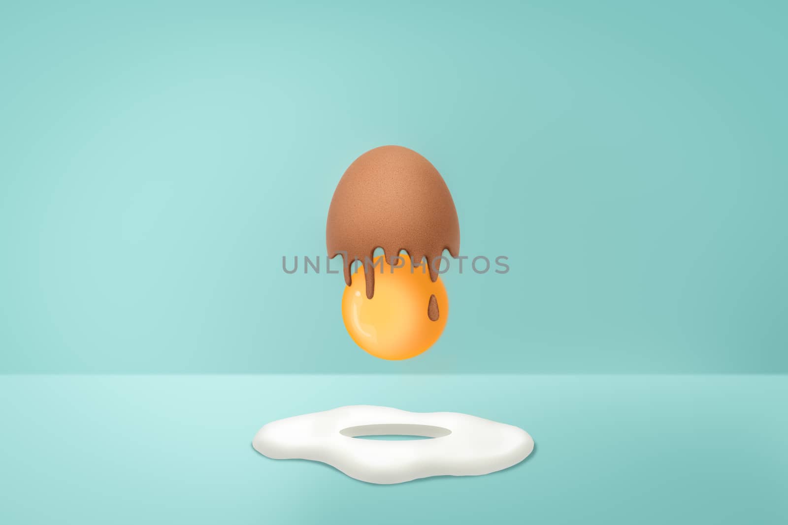 Contemporary art-Egg shell with yellow yolk on green background with copy space, Minimal idea style.