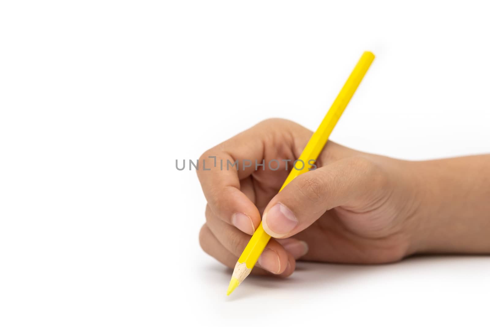 Female hand with colorful pencil isolated on white background by feelartfeelant
