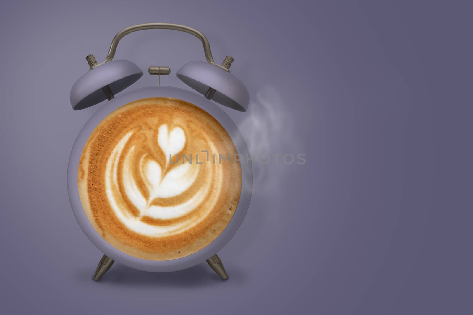 Hot coffee with frothy foam and smoke in purple alarmclock design is Coffee Time Concept.