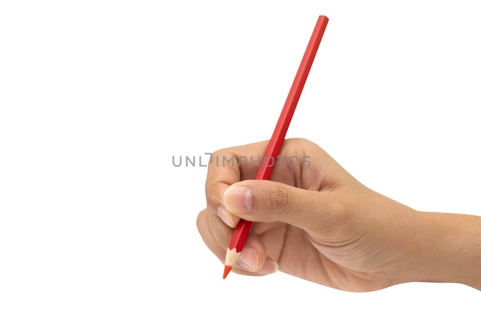 Female hand with red color pencil isolated on white background.