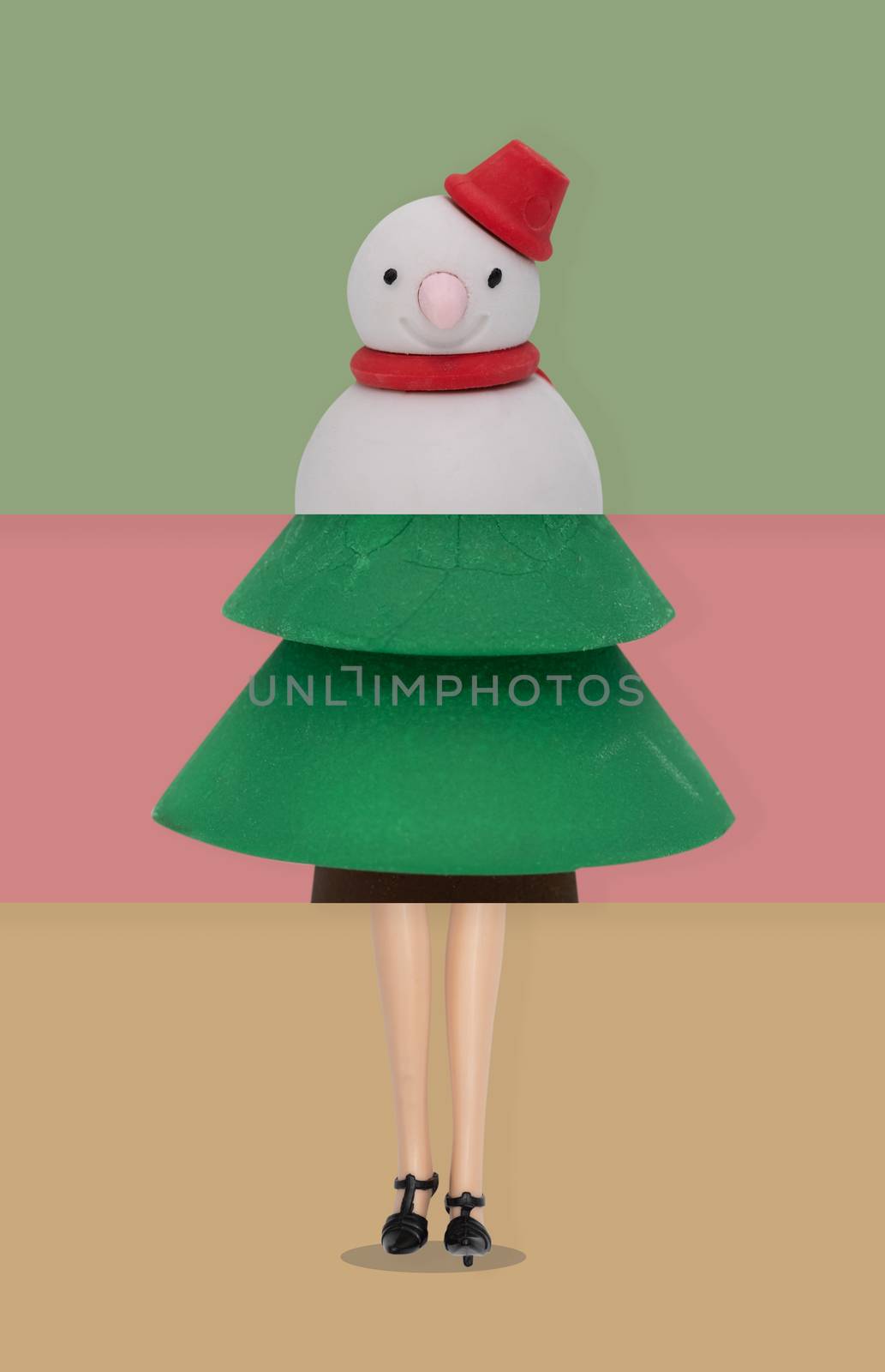 Stacked images of snowman, pine tree, legs of doll for christmas holliday.