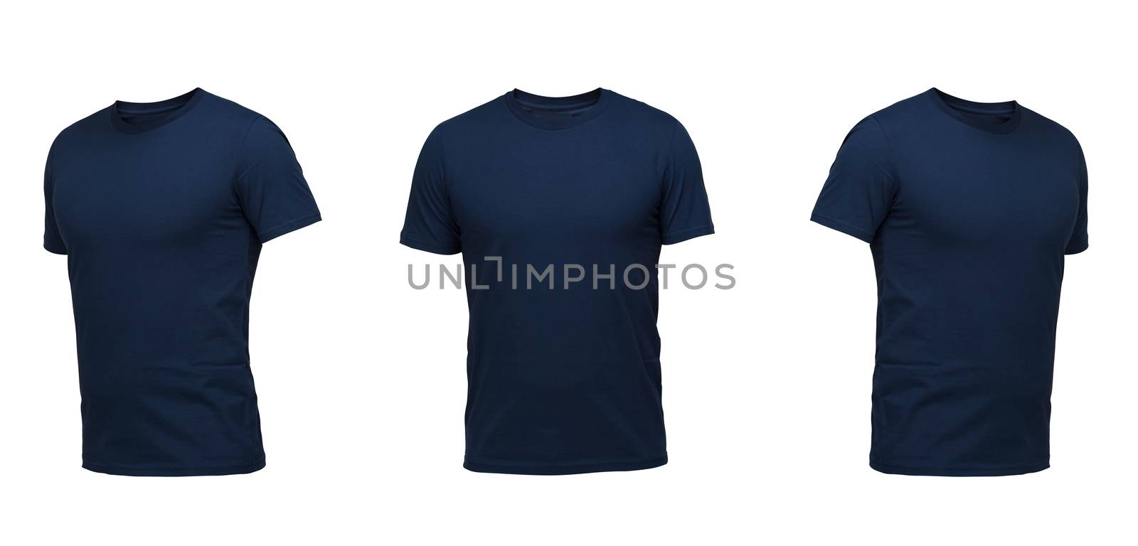 Dark blue sleeveless T-shirt. t-shirt front view three positions on a white background