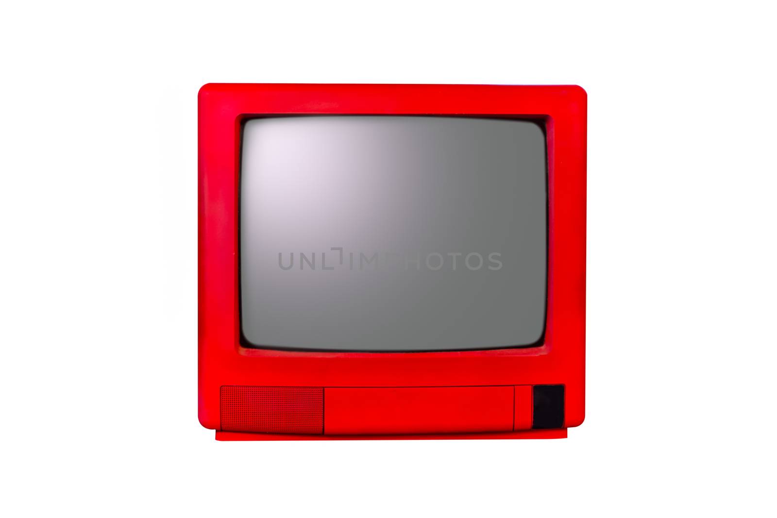 Retro old red television from 80s isolated on white background.