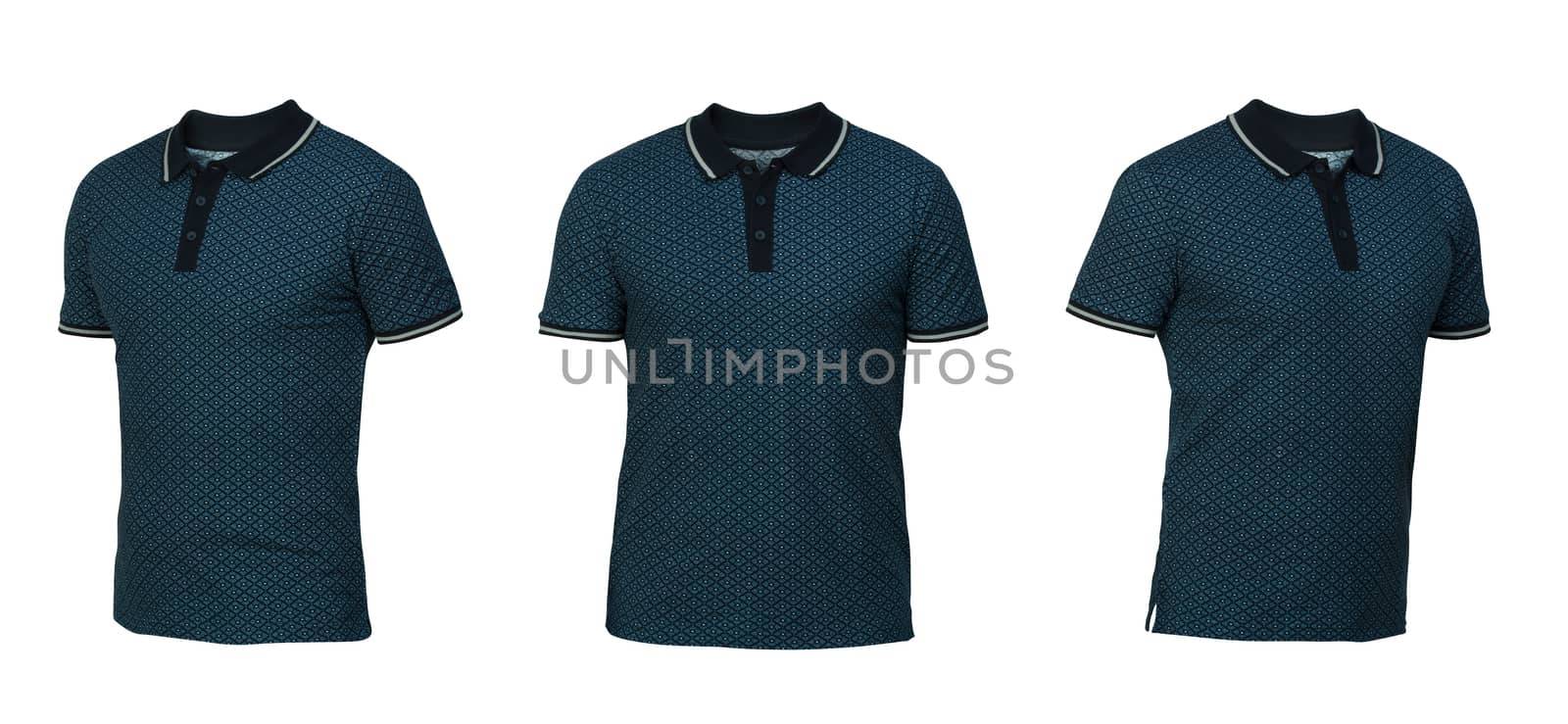 blue polo shirt with square ornament. t-shirt front view three positions on a white background
