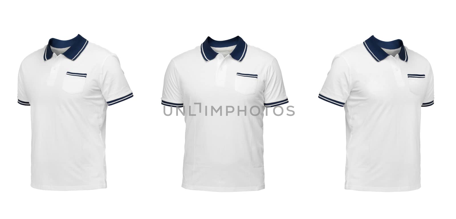 White polo shirt with a blue collar. t-shirt front view three positions on a white background