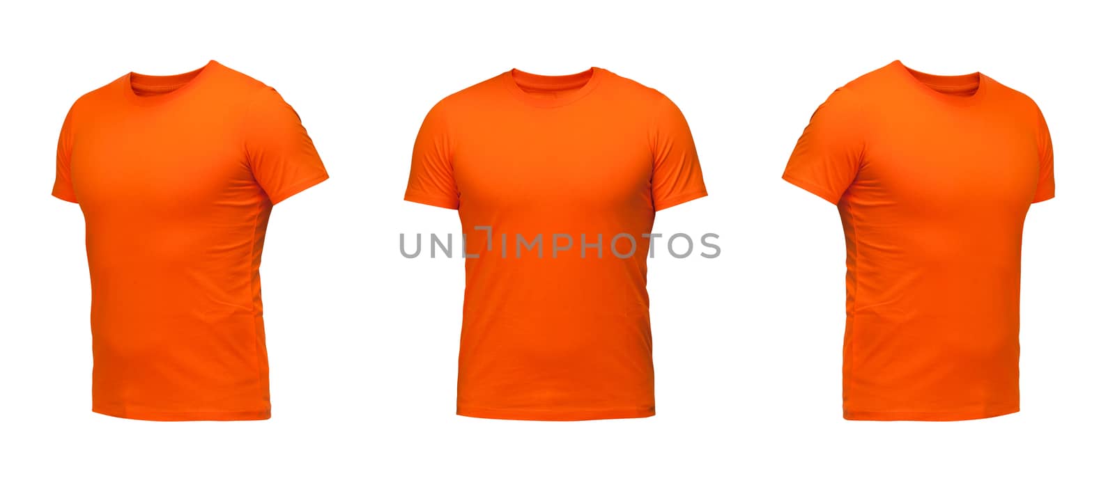 Orange sleeveless T-shirt. t-shirt front view three positions on a white background