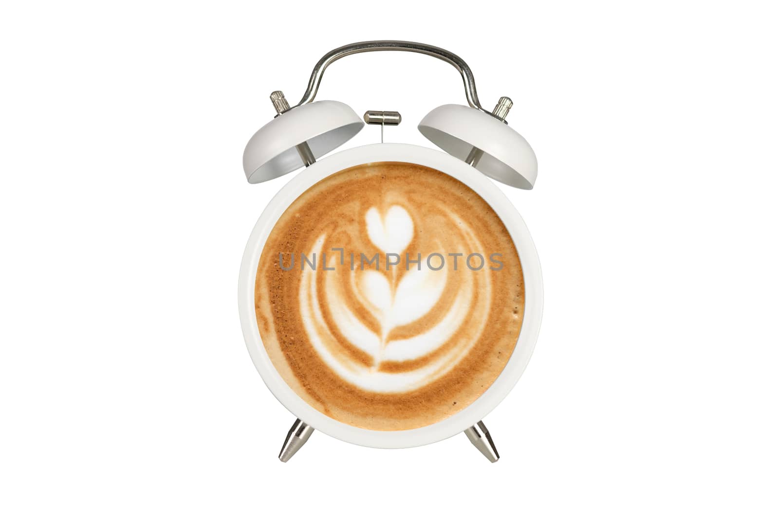 Hot coffee with frothy foam in white alarmclock design is Coffee Time Concept