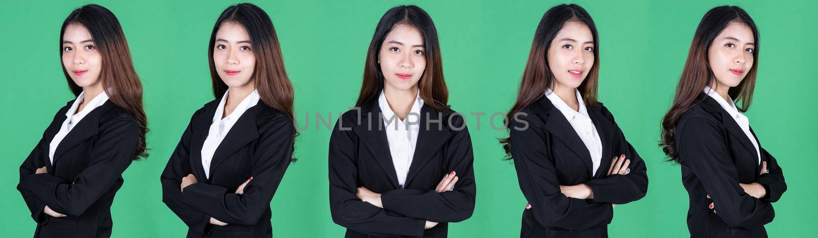 Set of confident Asian business woman on green isolated background.