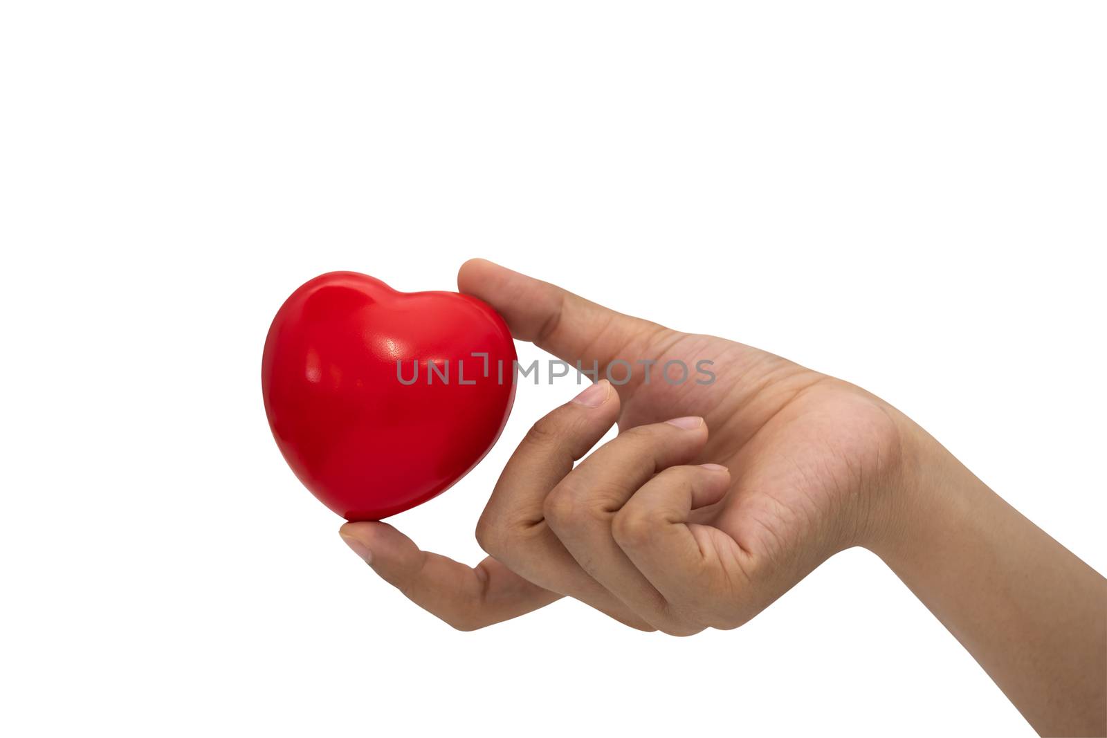 Stress reliever foam ball on woman hand isolated on white background.